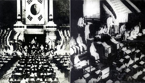 ▲ 1948년 5월 31일 개원제헌국회에서 첫 회의를 하는 모습(왼쪽)과 제헌국회 의장선거 장면(오른쪽)