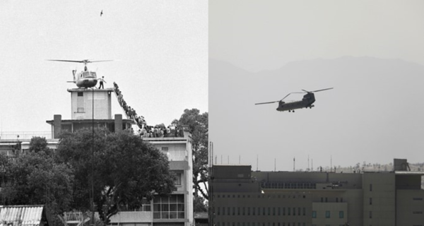 ▲ 왼쪽 : 1975년 4월 사이공(지금의 호찌민) 주재 미국 대사관 지붕 위에서 헬리콥터에 타려고 줄을 지어선 모습. 오른쪽 : 2021년 8월 중순 성조기가 내려진 카불 주재 미국 대사관 상공을 선회하는 지누크 헬리콥터 모습