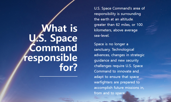 ▲미 우주사령부 홈페이지. 고도 100km 이상의 공간을 미 우주사령부의 책임 영역으로 한다고 적시되어 있다.